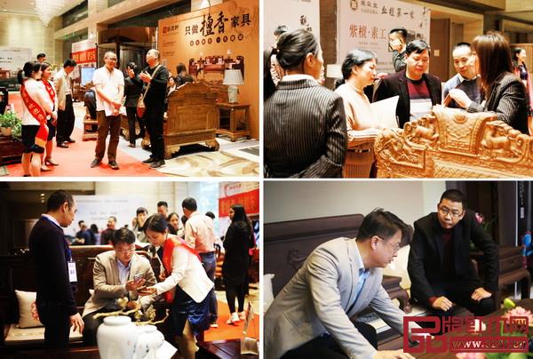  “2019匠心最美紅木新品品鑒會”現(xiàn)場，眾多經(jīng)銷商認(rèn)真了解、體驗紅木家具新品